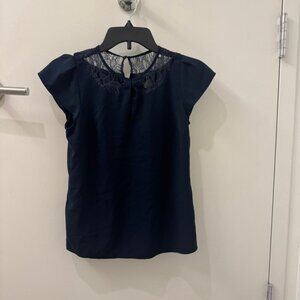 Ann Taylor 00P Navy Lace Trim Blouse | Petite | Short Sleeve Top | Elegant